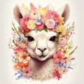 Alpaca in flowers watercolor illustration