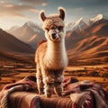 Alpaca Standing in Andean Mountain Landscape at Sunset