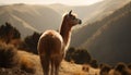 Alpaca grazing on mountain meadow, cute fur generated by AI