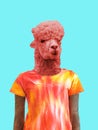 Alpaca head on the body in a t-shirt in the style of tie dye.