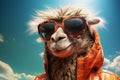 Alpaca or lama with sunglasses and jacket, blue sky, travel and wanderlust concept, surreal animal character