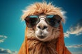 Alpaca or lama with sunglasses and jacket, blue sky, travel and wanderlust concept, surreal animal character, portrait