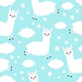 Alpaca llama jumping. Seamless Pattern. Cloud star in the sky. Cute cartoon kawaii funny smiling baby character. Wrapping paper,