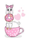 Alpaca llama sitting in coffee cup teacup. Pink hearts. Funny face . Cute cartoon character. White background. Love card Royalty Free Stock Photo