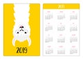 Alpaca llama upside down. Simple pocket calendar layout 2019 new year. Week starts Sunday. Vertical orientation. Cute cartoon