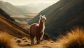 Alpaca portrait, cute woolly mammal grazing peacefully generated by AI