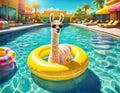 An alpaca rests in a pool on an inflatable yellow circle. Summer holiday, weekend, cruise