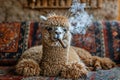 Alpaca Smoking a Cigar on Oriental Rug. Created with Generative AI