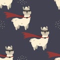 Alpaca in a superhero costume. Seamless background. Decorative wallpaper for the nursery in the Scandinavian style. Vector.