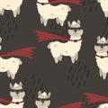 Alpaca in a superhero costume. Seamless background. Decorative wallpaper for the nursery in the Scandinavian style. Vector.