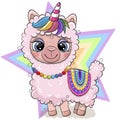 Alpaca with Unicorn horn isolated on a star background