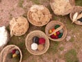 Alpaca wool and yarn in baskets Royalty Free Stock Photo