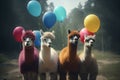 alpacas in birthday hats pose with a balloons