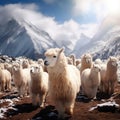 Alpacas herd in the snowcaped mountains