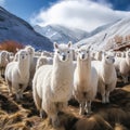 Alpacas herd in the snowcaped mountains