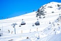 Alpe D`Huez, France 30.12.2019 Cableway lift cabin background. Beautiful winter scenic mountain view