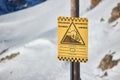 Avalanche warning sign on a high mountain in France