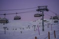 Alpe D`Huez, France 30.12.2019 Later evening. Cableway lift cabin background. Beautiful winter scenic mountain view.
