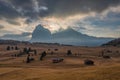 Alpe di Siusi, mountain ridge in Dolomites mountains. Italy, alpine region South Tyrol, ski resort.