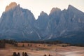 Alpe di Siusi Seiser Alm alpine meadow with beautiful sunrise in the background with the Sassolungo and Langkofel mountains Royalty Free Stock Photo