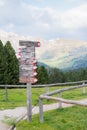 Alpe di Siusi or Seiser Alm, Alto Adige or South Tyrol, Hiking trail signs post in the Dolomites, italy