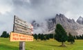 Alpe di Siusi or Seiser Alm, Alto Adige or South Tyrol, Hiking trail signs post in the Dolomites, italy