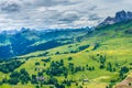 Alpe di Siusi, Seiser Alm with Sassolungo Langkofel Dolomite, lush green field in Seiser Alm Puflatsch Bullaccia