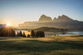 Alpe di Siusi at sunny morning sunrise, Dolomites mountains, Italy Royalty Free Stock Photo