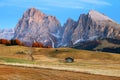 Autumn landscape of Seiser Alm, the largest high-altitude alpine meadow in Europe