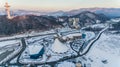 Alpencia, South Korea, 2016 - Top view. Indoor swimming pool in Alpencia Olympic Village, built for the 2018 South Korea Olympic
