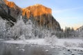 Alpenglow on the granite peaks in Yosemite valley Royalty Free Stock Photo