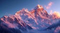 Alpenglow on snowcapped peaks ultrarealistic high resolution wideangle landscape