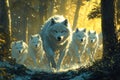 Alpha dire wolf leading pack through dense forest path, proud stance, natural environment Royalty Free Stock Photo