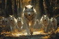 alpha dire wolf leading the pack through dense forest path, proud and dominant stance Royalty Free Stock Photo