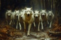 Alpha dire wolf confidently leads its pack down a forest trail, strong posture and dominant energy in natural woodland light Royalty Free Stock Photo