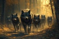 Alpha dire wolf leading pack through dense forest path, confident and proud stance in dynamic natural composition Royalty Free Stock Photo
