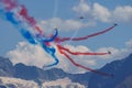 Alpha jets from patrouille de France at Alpe d'Huez during an air show in August 2021. french air force