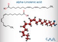 Alpha-linolenic acid, ALA molecule. Carboxylic, polyunsaturated omega-3 fatty acid. Component of many common vegetable oils.