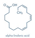 Alpha-linolenic acid ALA molecule. Essential polyunsaturated omega-3 fatty acid, present in many vegetable oils. Skeletal. Royalty Free Stock Photo