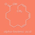 Alpha-linolenic acid (ALA) molecule. Essential polyunsaturated omega-3 fatty acid, present in many vegetable oils. Skeletal Royalty Free Stock Photo