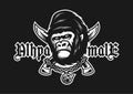 Alpha male. Angry gorilla and crossed knives on a dark background. Vector illustration.