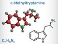 alpha-Methyltryptamine, AMT, molecule. It is psychedelic, stimulant, antidepressant and entactogen drug. Structural Royalty Free Stock Photo