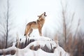 alpha wolf howling on mound with winter trees behind Royalty Free Stock Photo