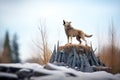 alpha wolf howling on mound with winter trees behind Royalty Free Stock Photo