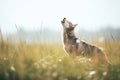 alpha wolf howling to assert dominance in a meadow