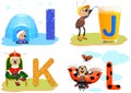 Alphabet ABC English letters for children. Igloo, juice, king and ladybug. Ant and funny alphabet