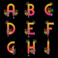 Magical sunrise flourish design alphabet set. Colorful gradient ABC collection. Ethnic style alphabets. Isolated vector letters. Royalty Free Stock Photo