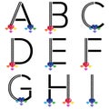 Black ABC letters with diamond and colorful gems. Characters with precious gemstones. Vector illustration. Crystal studded letter