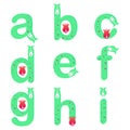 Magical Tulip lowercase letters. Nature floral alphabet. Turquoise green characters. Whimsical magic collection. Abcdefghi letter.