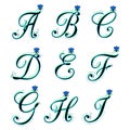 Musical alphabets. Abcdefghi collection. Floral curly letters set. Music notes characters pattern. Vector stock.